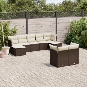 Set Divani da Giardino 9pz con Cuscini Marrone in Polyrattan