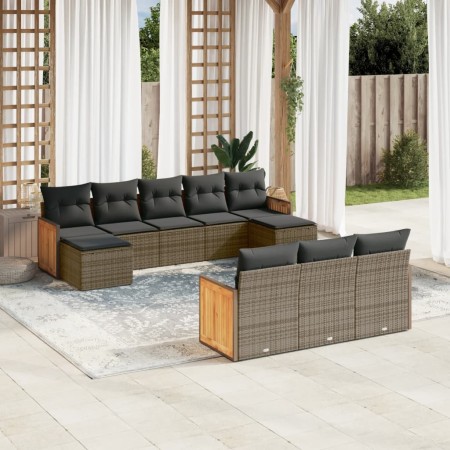 Set Divano da Giardino 10 pz con Cuscini Grigio in Polyrattan