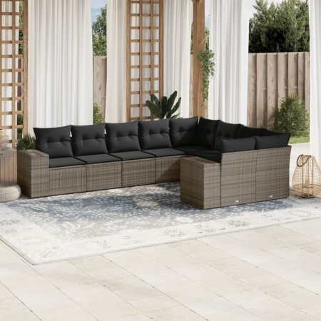 Set Divano da Giardino 9 pz con Cuscini Grigio in Polyrattan