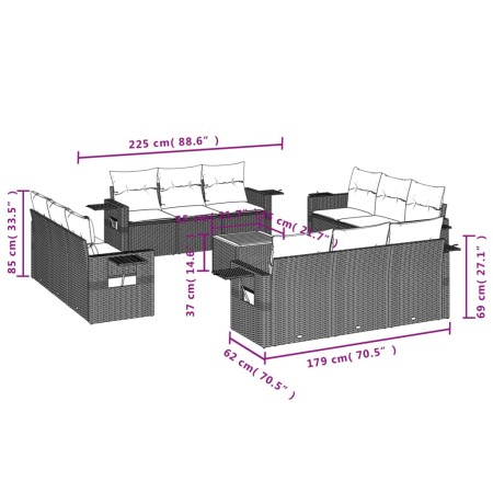 Set Divani da Giardino 13pz con Cuscini Nero in Polyrattan