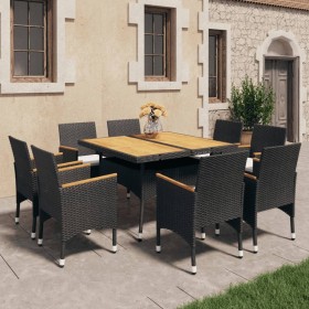 Set da Pranzo da Giardino 9 pz Polyrattan e Legno Massello Nero