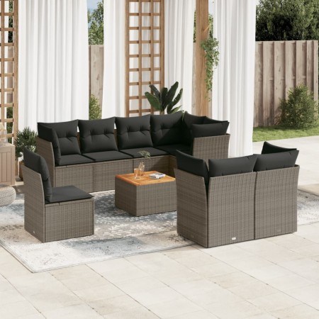 Set Divano da Giardino 9 pz con Cuscini Grigio in Polyrattan