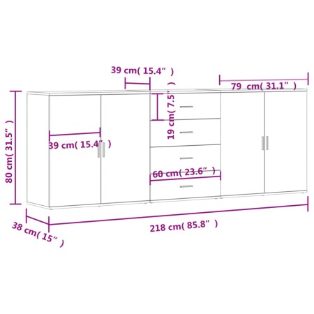 Credenze 3 pz Rovere Fumo in Legno Multistrato