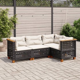 Set Divani da Giardino 4 pz con Cuscini Nero in Polyrattan