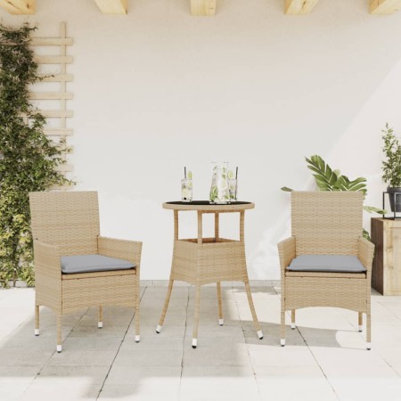 Set da Pranzo da Giardino 3 pz con Cuscini Polyrattan e Vetro