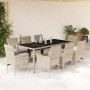 Set Pranzo Giardino 9 pz Cuscini Grigio Chiaro Polyrattan Vetro