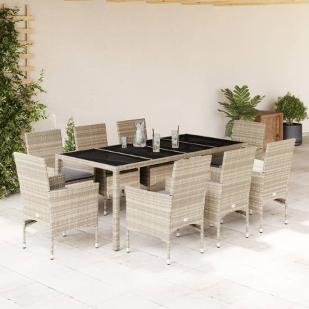 Set Pranzo Giardino 9 pz Cuscini Grigio Chiaro Polyrattan Vetro