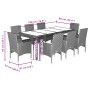 Set Pranzo Giardino 9 pz Cuscini Grigio Chiaro Polyrattan Vetro