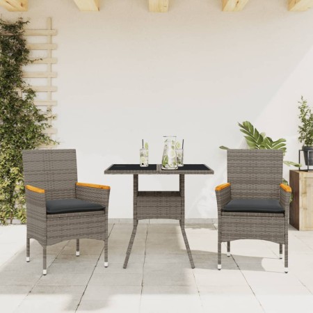 Set da Pranzo da Giardino 3pz con Cuscini in Polyrattan e Vetro