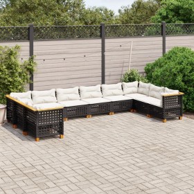 Set Divani da Giardino 10pz con Cuscini in Polyrattan Nero