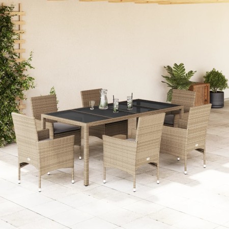 Set da Pranzo da Giardino 7 pz con Cuscini Polyrattan e Vetro