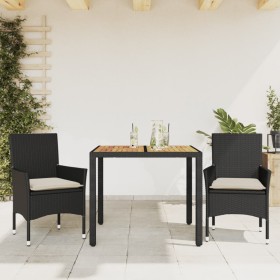 Set Pranzo da Giardino 3 pz con Cuscini Nero Polyrattan Acacia