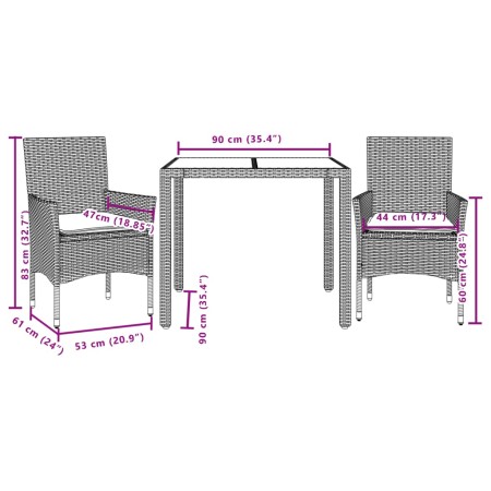 Set Pranzo da Giardino 3 pz con Cuscini Nero Polyrattan Acacia