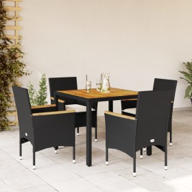 Set Pranzo da Giardino 5 pz con Cuscini Nero Polyrattan Acacia