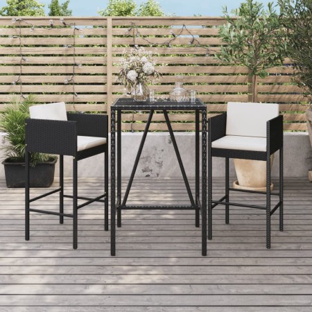 Set Bar da Giardino 3 pz con Cuscini in Polyrattan Nero