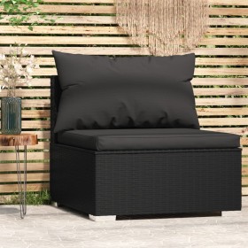 Divano Centrale da Giardino con Cuscini in Polyrattan Nero