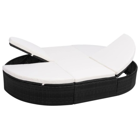 Lettino Prendisole con Cuscino in Polyrattan Nero