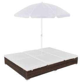 Lettino Prendisole con Ombrellone in Polyrattan Marrone