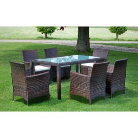 Set da Pranzo da Giardino 7 pz con Cuscini Polyrattan Marrone