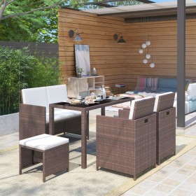 Set da Pranzo da Giardino 6 pz con Cuscini Polyrattan Marrone