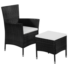 Sedia da Esterno con Sgabello e Cuscini in Polyrattan Nero