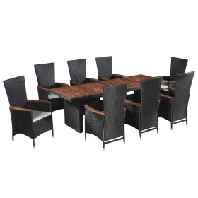 Set da Pranzo da Giardino 9 pz con Cuscini in Polyrattan Nero