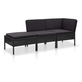 Set Divani da Giardino 3 pz con Cuscini in Polyrattan Nero