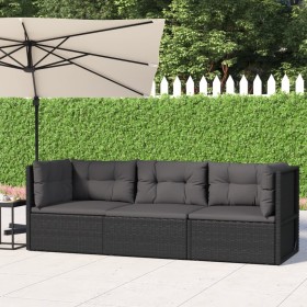 Set Divani da Giardino 3 pz con Cuscini Nero in Polyrattan