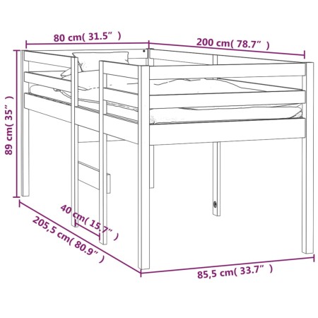 Letto a Soppalco Bianco 80x200 cm in Legno Massello di Pino