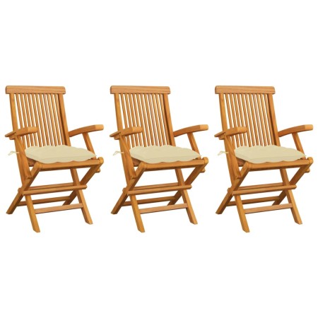 Sedie Giardino 3pz con Cuscini Bianco Crema Legno Massello Teak