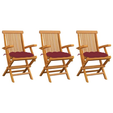 Sedie Giardino con Cuscini Rosso Vino 3 pz Legno Massello Teak