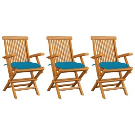 Sedie da Giardino con Cuscini Azzurri 3 pz Legno Massello Teak