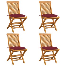 Sedie da Giardino con Cuscini Rosso Vino 4 pz Massello di Teak