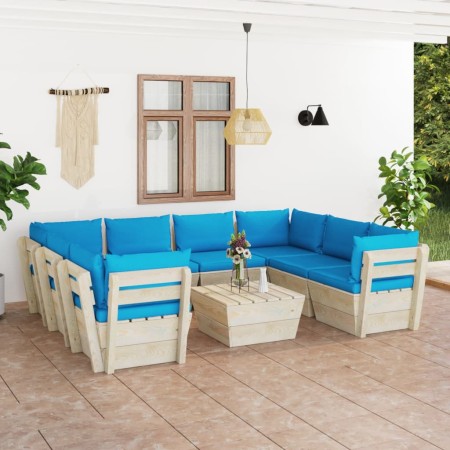 Set Divani da Giardino su Pallet 9 pz con Cuscini Legno Abete