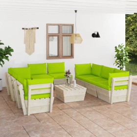 Set Divani da Giardino su Pallet 9 pz con Cuscini Legno Abete