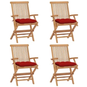 Sedie da Giardino con Cuscini Rossi 4 pz Legno Massello di Teak