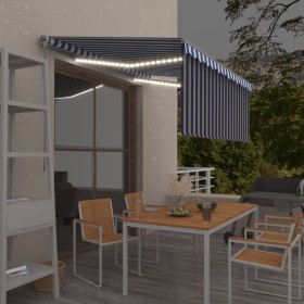 Tenda Sole Retrattile Manuale con LED 3x2,5m Blu e Bianco