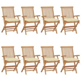 Sedie Giardino con Cuscini Bianco Crema 8pz Legno Massello Teak