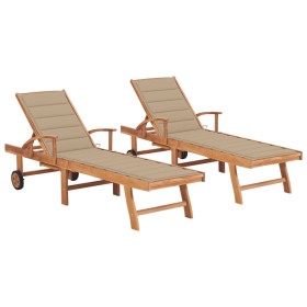 Lettini Prendisole 2 pz con Tavolo e Cuscino Beige in Teak