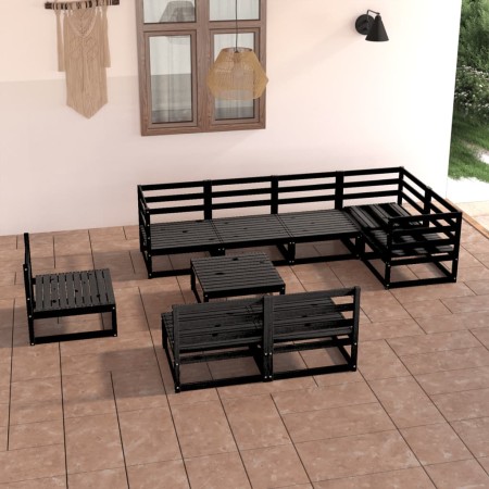 Set Divani da Giardino 9 pz Nero in Legno Massello di Pino