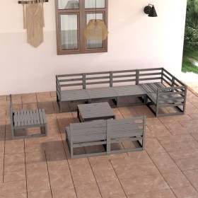 Set Divani da Giardino 9 pz Grigio in Legno Massello di Pino