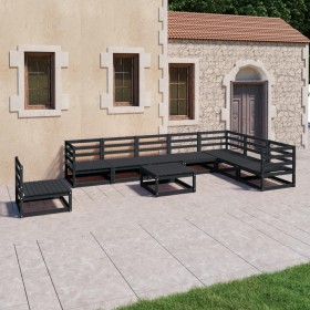 Set Divani da Giardino 9 pz Nero in Legno Massello di Pino