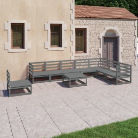 Set Divani da Giardino 9 pz Grigi in Legno Massello di Pino