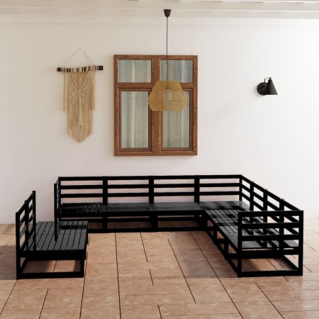 Set Divani da Giardino 9 pz Nero in Legno Massello di Pino