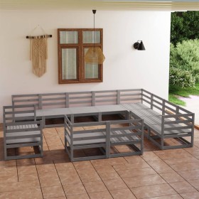 Set Divani da Giardino 12 pz Grigio in Legno Massello di Pino