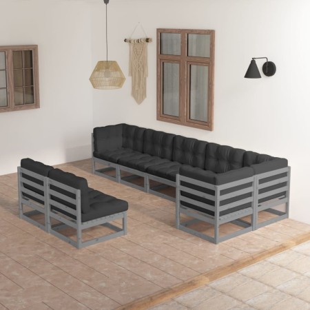 Set Salotto Giardino 8 pz Cuscini Antracite Legno Massello Pino