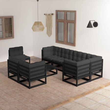 Set Salotto Giardino 9 pz Cuscini Antracite Legno Massello Pino