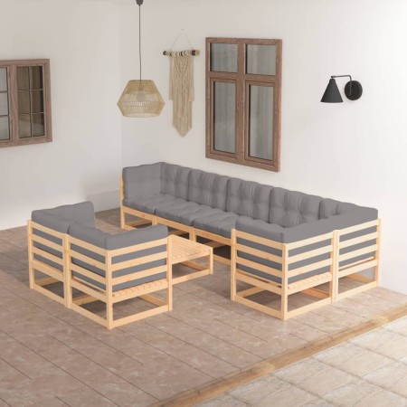 Set Salotto Giardino 9 pz Cuscini Antracite Legno Massello Pino