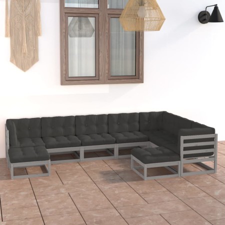 Set Divani da Giardino 9 pz Grigio Cuscini Massello di Pino