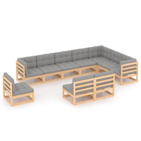 Set Salotto Giardino 10pz Cuscini Antracite Legno Massello Pino